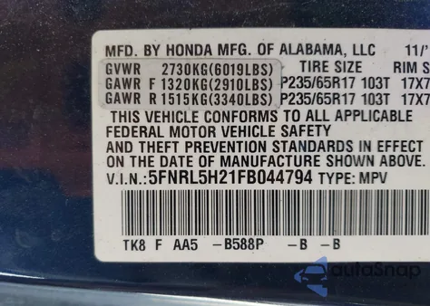 2015 Honda Odyssey Lx z USA, uszkodzony, nr VIN 5FNRL5H21FB044794
